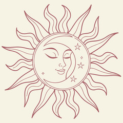 Celestial Sun and Moon Face with Stars and Wavy Rays Keywords: sun, moon, face, celestial