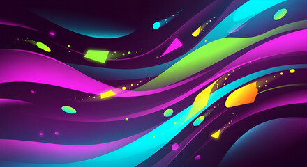 Vibrant geometric shapes floating amidst swirling colorful neon lights and deep dark backdrop