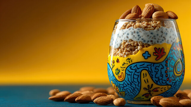 A glass of food with almonds on top of it. The glass is blue and yellow - Powered by Adobe