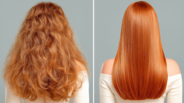 美容室・ヘアケア広告向け、癖毛とツヤ髪の対比