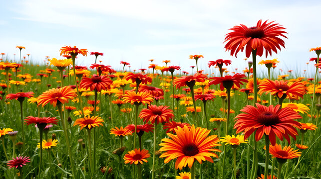 A meadow filled with vibrant red and yellow gaillardias under a clear sky, their daisy-like blooms providing a striking contrast.