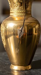 A close-up of a golden decorative vase with intricate patterns that has a visible crack running through its surface, placed on a dark surface with a blurred background