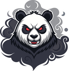 Furious Panda Bear Mascot Emblem Illustrated with Intense Red Eyes and Baring Teeth, Surrounded by Dynamic Swirling Smoke Clouds Representing Strength and Aggression