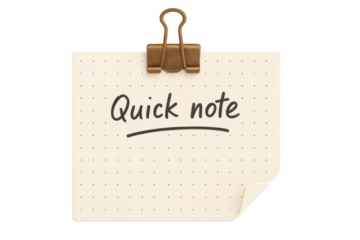Quick note text on dotted paper memo with binder clip, blank reminder message on transparent background