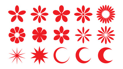 Set of Red Floral and Crescent Moon Icons on White Background in Rows