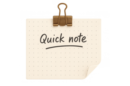 Quick note text on dotted paper memo with binder clip, blank reminder message on transparent background