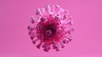 A highly detailed, pink, microscopic illustration of a virus against a matching pink background