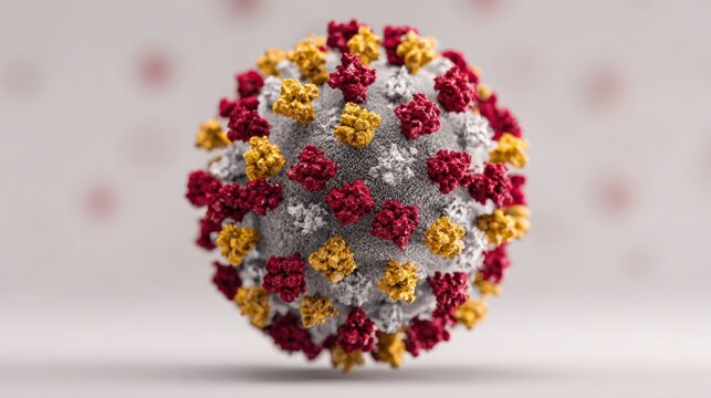 A 3D rendering of a virus particle, with color variations. Against a blurred, speckled backdrop