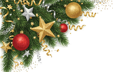 Festive holiday corner decor featuring elegant golden and red baubles, sparkling stars, and lush evergreen branches, perfect for seasonal celebrations and joyful winter designs