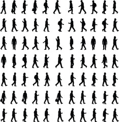 Fototapeta premium Large collection of diverse walking people silhouettes showing everyday urban movement, commuters, pedestrians, casual walking poses for design and illustration projects