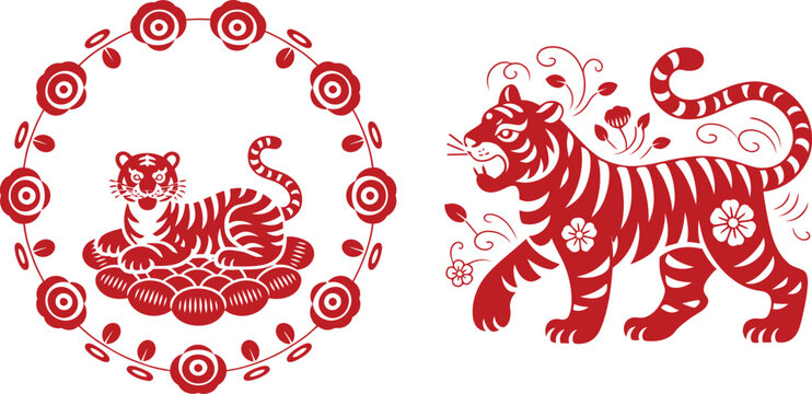 Stylized Red Tiger Illustrations One Within a Floral Frame, the Other Walking with Floral Accents