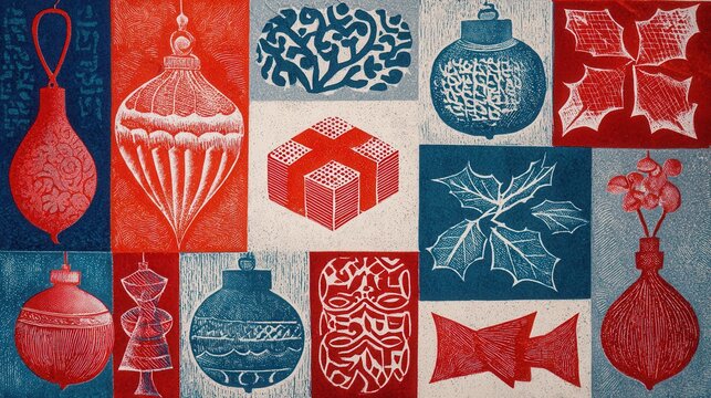 a linocut print of stylized christmas ornaments, trees, presents, holly, arranged in blocks like a quilt pattern 