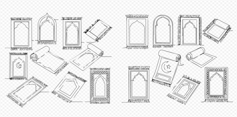 Sketch style collection of Islamic prayer mats, showing various designs, some rolled and some flat, for religious worship.