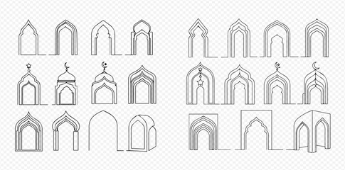 Continuous line art collection of various Islamic arches, mosque entrances, and architectural elements with traditional designs.
