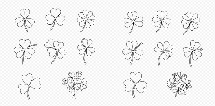 Collection of various hand-drawn clover and shamrock line art illustrations, featuring both three-leaf and four-leaf designs.
