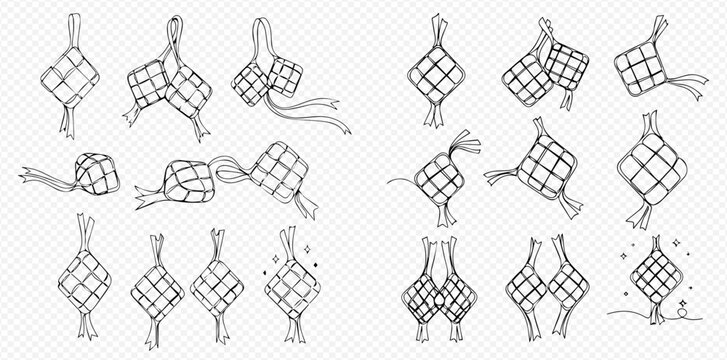 Hand-drawn sketch collection of traditional ketupat rice cakes, a symbol of Eid al-Fitr celebration in Southeast Asia, featuring various woven diamond shapes.