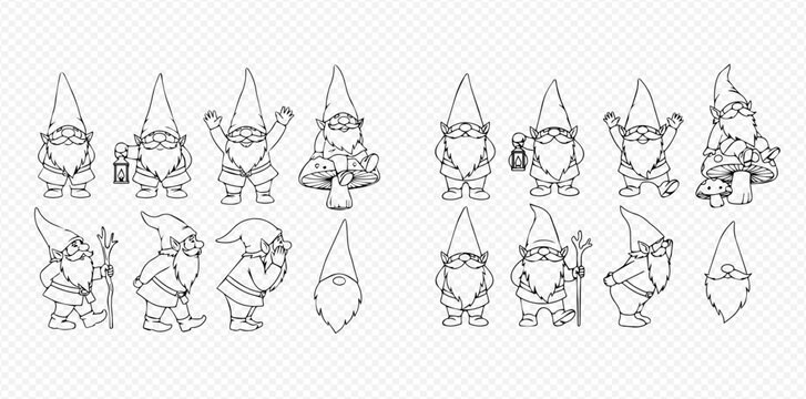 Line art illustrations of various garden gnomes in different poses and with different accessories.