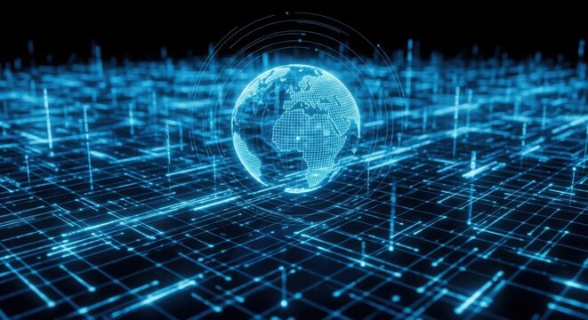 Digital world grid illuminated with blue light, global data transfer concept