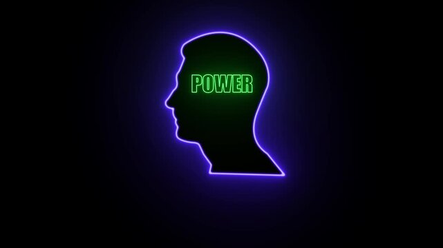 Silhouette of a human head with the word POWER in neon green inside, outlined in neon purple against a black background