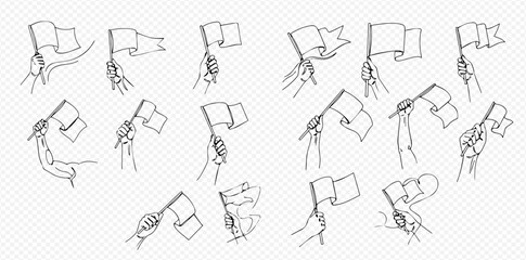 Hand-drawn sketch collection of hands holding blank flags in various shapes and waving positions, isolated on a transparent background.