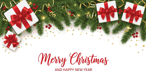 Elegant Festive Christmas and New Year Banner with Green Fir Branches, Wrapped Presents, and Golden Decorations on a White Background