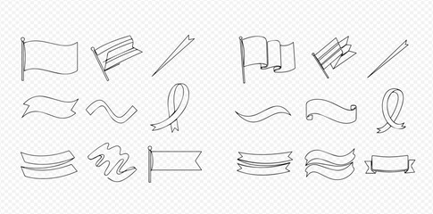 Hand-drawn doodle flags and ribbons set on a transparent background, featuring various banner shapes and waving flag designs.