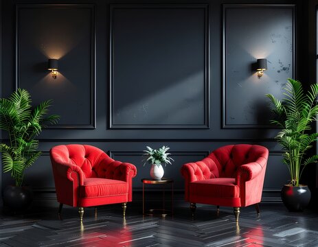 Luxurious interior with two red velvet armchairs and elegant dark paneled walls.