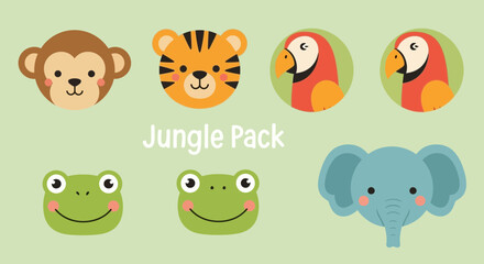 Fototapeta premium Adorable Jungle Animal Pack Featuring Monkey Tiger Parrot Frog and Elephant Characters