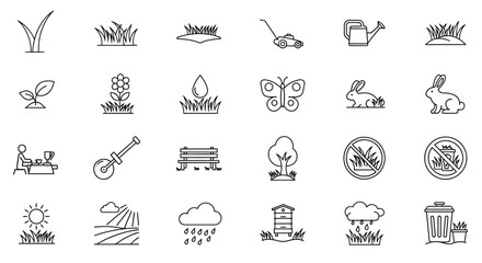 Collection of minimalist line art icons representing various garden and outdoor elements