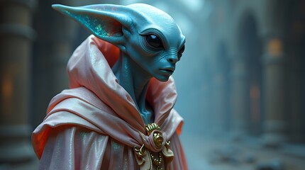 An alien with large black eyes stands in a temple, wearing a pink robe, exuding an aura of mystery and otherworldly elegance