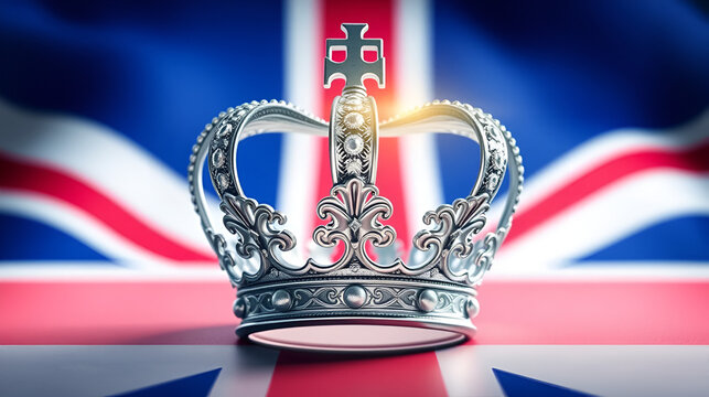Desktop wallpaper with british crown, british flag in the background.