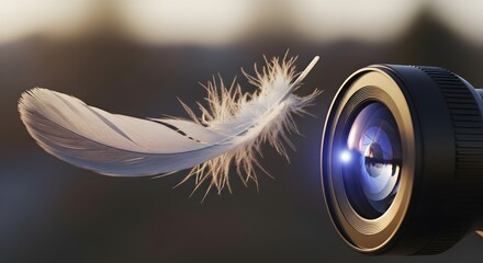 A close-up of a camera lens capturing a delicate feather floating in the air against a blurred outdoor background