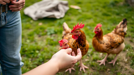 Chickens feeding from woman's hand