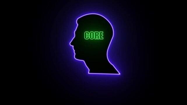Silhouette of a male head profile with the word CORE in neon green inside the head and a neon purple outline against a black background