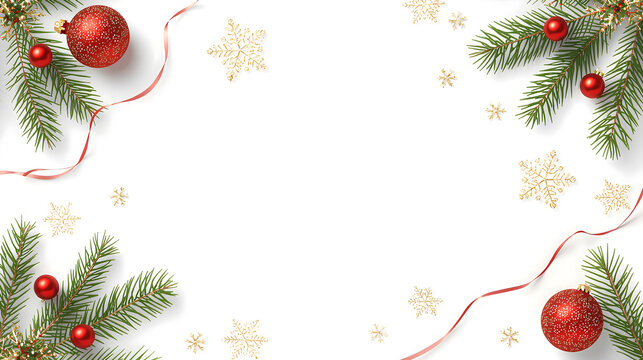 Minimalist Christmas background with fir branches, red baubles, gold snowflakes and ribbon on white