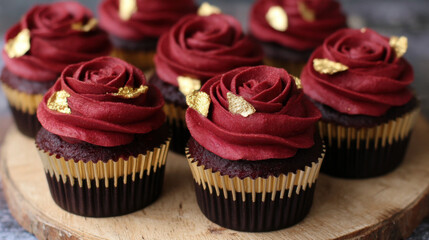 Red velvet cupcakes with gold leaf decoration create festive christmas dessert perfect for celebration and joyful gatherings