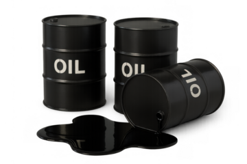 Oil barrels on transparent background, crude oil spilling, reflecting pollution, energy crisis, and fossil fuel dependency