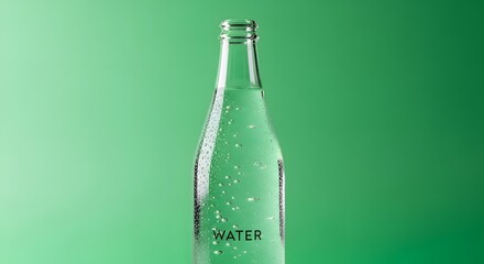 A clear glass bottle filled with sparkling water against a vibrant green background, emphasizing freshness and hydration with visible bubbles inside the bottle