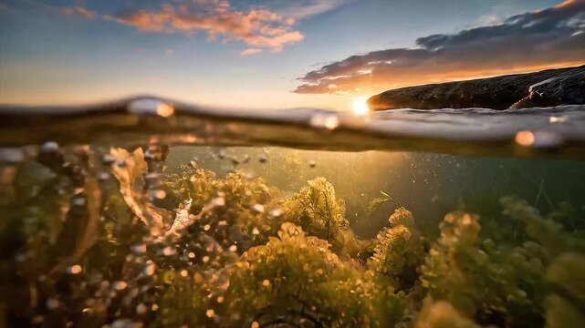 Partly underwater dive to surface scene view of the nordick Baltic sea at sunset