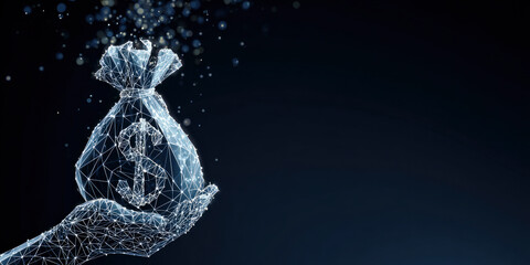 Digital hand holding glowing money bag