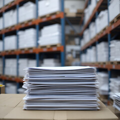 High-resolution photo of documents and a stack of paper on top of a copy machine in the background, with warehouse shelves full of white file sheets. The image is in focus, with a