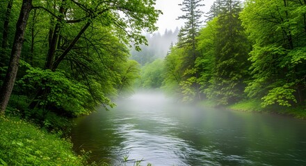Serene river flows through lush green forest with misty atmosphere