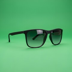 A pair of black sunglasses with dark lenses placed on a vibrant green background for fashion or accessory display