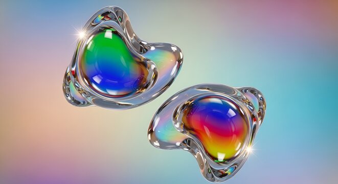 Iridescent glass blobs with rainbow colors on a gradient background digital art