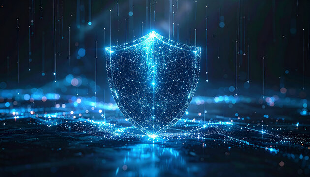 Digital Fortress: A radiant digital shield illuminates the darkness, a symbol of cybersecurity and data protection. The glowing emblem represents a fortress against digital threats. - Powered by Adobe