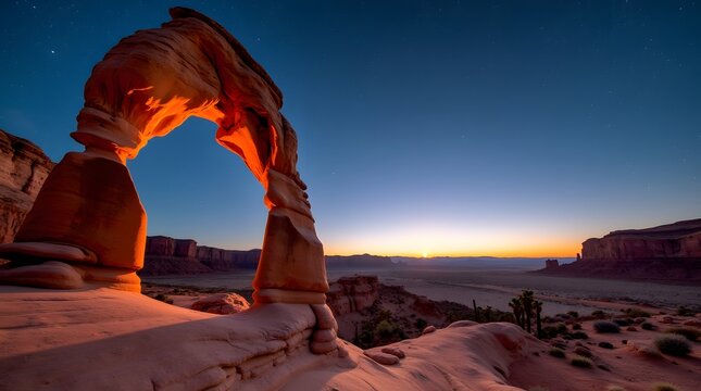 Delicate arch in arches national park at night with stars and the milky way in utah, united states of america, north america