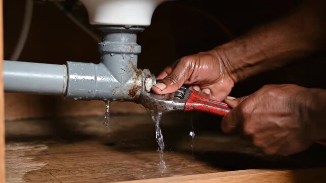 Plumber Fixing Leaking Pipe Under Sink Closeup View Bottom Cabinet