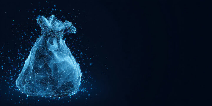 Abstract glowing polygonal money bag dark