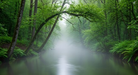 Obraz premium Serene river scene with overhanging trees evoking peace and tranquility