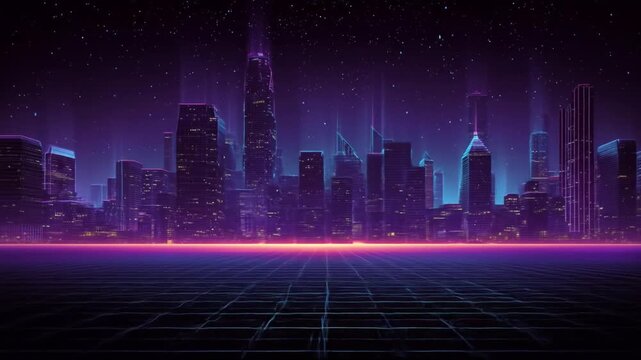 Futuristic cityscape illuminated with neon lights and grid lines